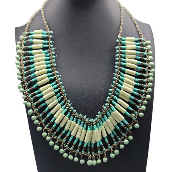 Turquoise & Gemstone Beaded Collar Cleopatra Style Necklace 20" Vintage Handmade - Picture 1 of 14